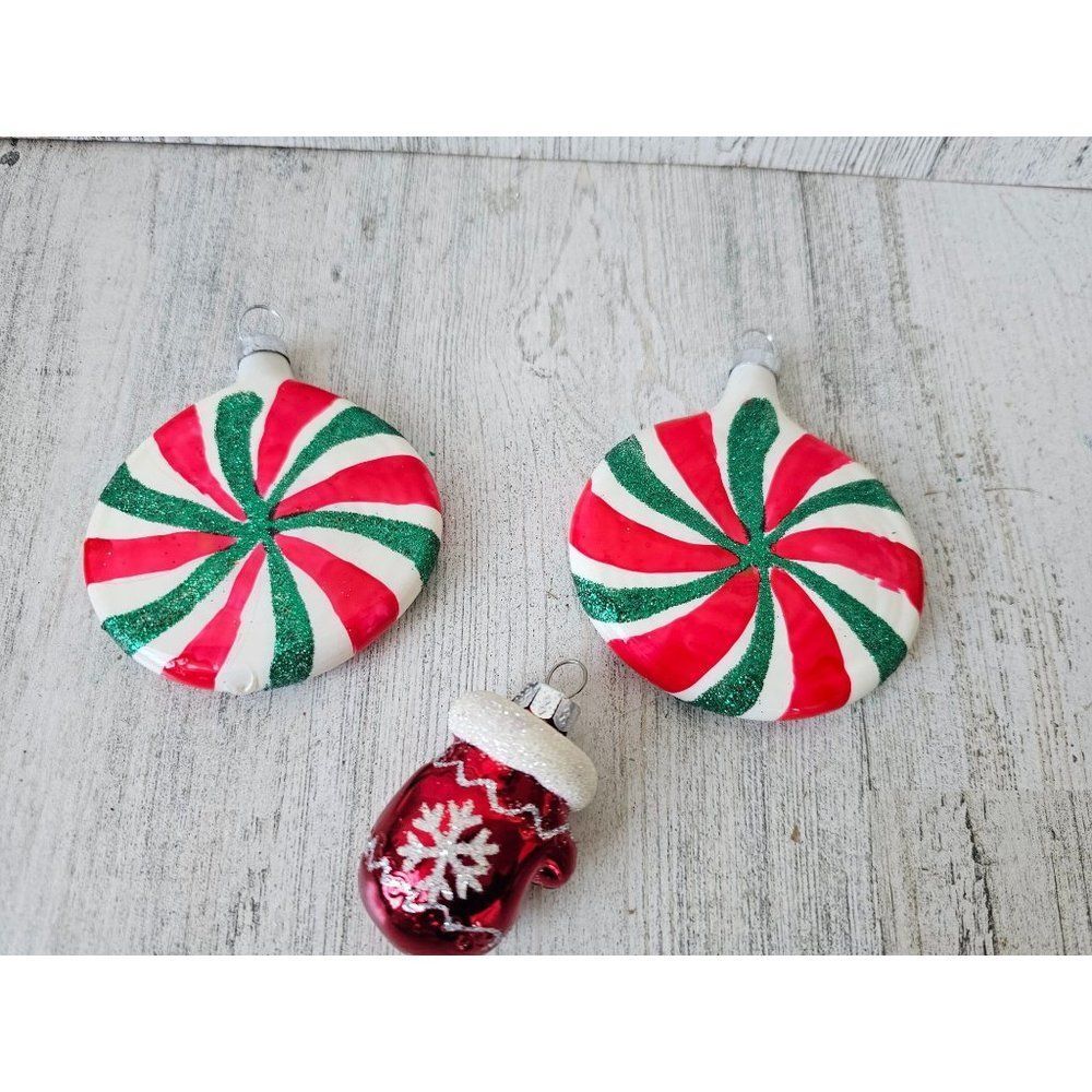Peppermint glass vintage ornament candy mittens gloves set Xmas tree